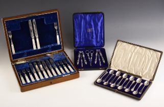 A selection of silver and silver plated flatware, including a cased canteen of mother of pearl