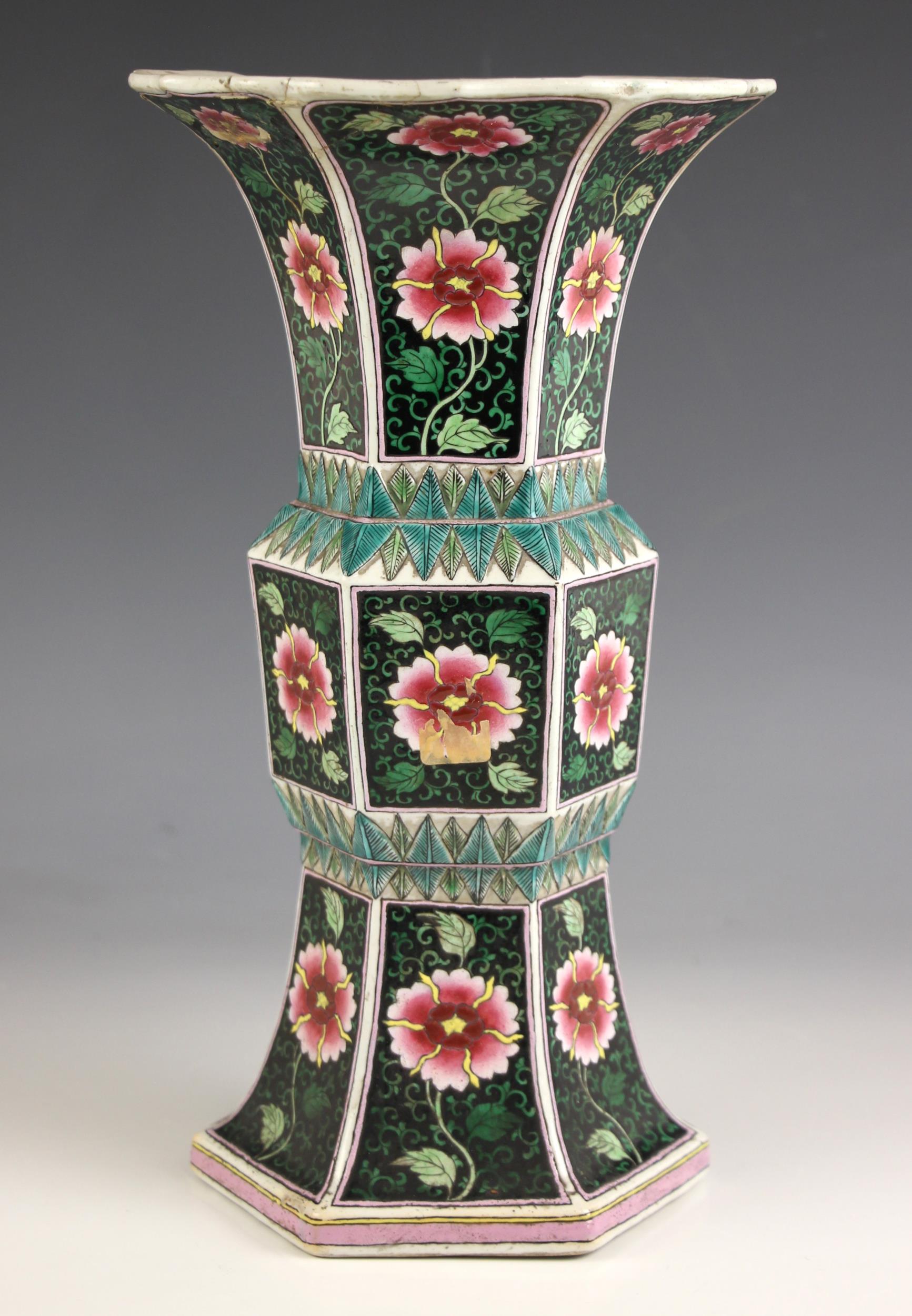 A Chinese porcelain famille noir Gu vase, 19th century, of flared hexagonal form with ogee shaped