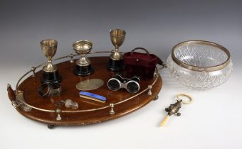 A selection of silver and silver coloured items, including an Edwardian silver mounted oak tray,