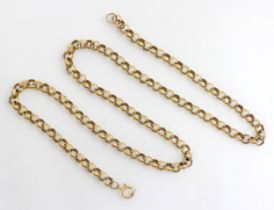 A yellow metal chain, the trace link chain with bolt ring fastening, indistinct partial hallmarks,