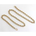 A yellow metal chain, the trace link chain with bolt ring fastening, indistinct partial hallmarks,