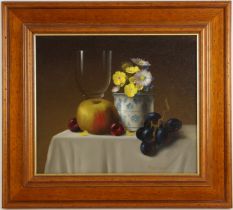 Mike Woods (British, b.1967), Still life with glass, fruit and flowers, Oil on canvas, Signed