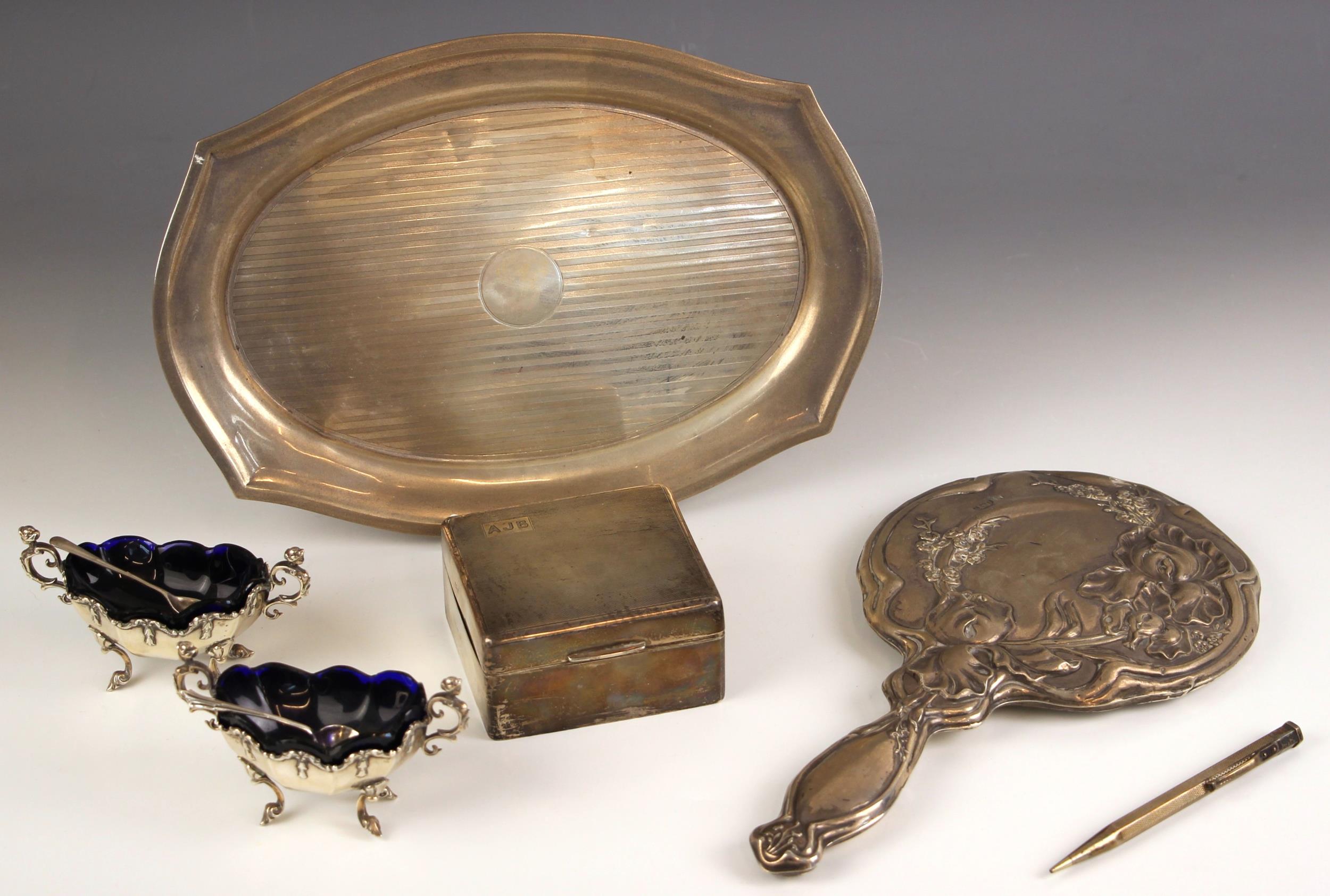 A selection of silver pieces, including a George V silver dressing table tray, I S Greenberg & Co,