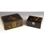 A Chinoiserie lacquered box, 19th century, of rectangular form, the hinged cover decorated with a