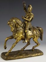 A lacquered bronze model of a knight on horseback, late 19th or early 20th century, unsigned, 35.5cm