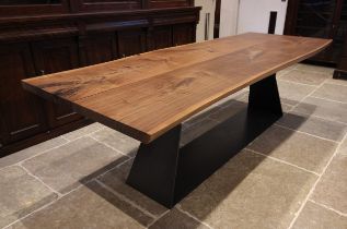 A Heals Riva 1920 Bedrock Plant C table by Terry Dwan, six to eight seater, the French walnut slap