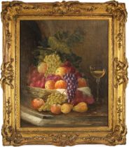 English school (19th century), Still life with wine glass and abundant fruit, Oil on canvas,