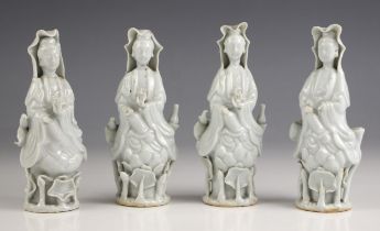 A set of four Chinese blanc de chine Dehua porcelain figures of Guanyin, 18th century, 14cm high (4)