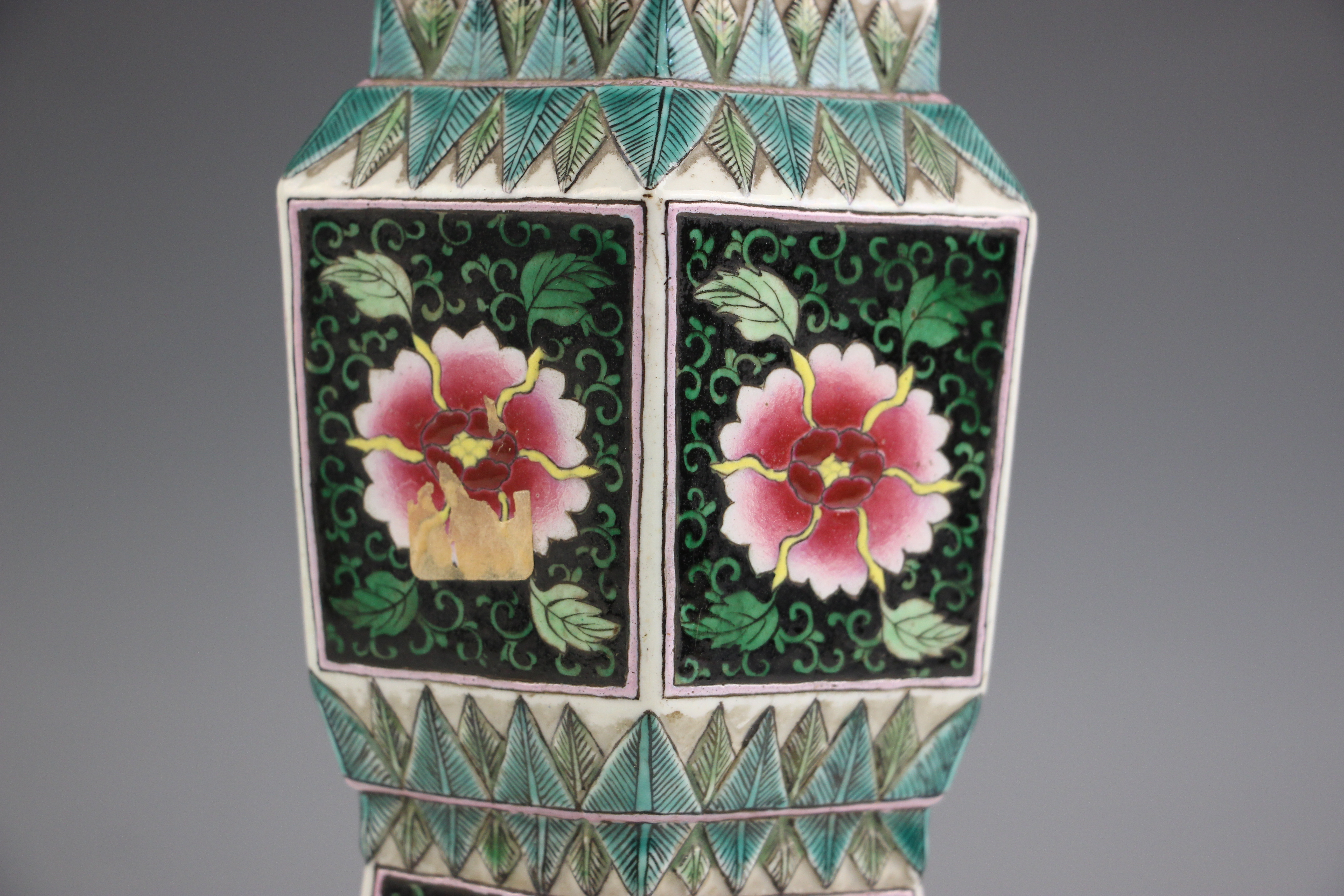 A Chinese porcelain famille noir Gu vase, 19th century, of flared hexagonal form with ogee shaped - Image 10 of 11