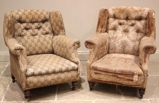 A near pair of Georgian style wing back armchairs, late 19th century, each with a button back,