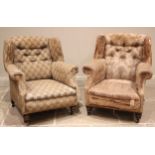 A near pair of Georgian style wing back armchairs, late 19th century, each with a button back,