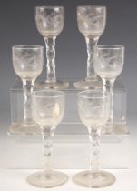 A set of six English etched glass cordial glasses, 19th century, each bowl etched with exotic