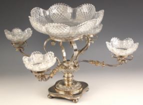 A cut glass and silver plated four branch table centrepiece, 20th century, the central cut glass