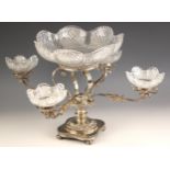 A cut glass and silver plated four branch table centrepiece, 20th century, the central cut glass