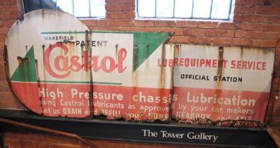 An unusual vintage three section enamel sign reading 'Castrol Lubrequipment Service Official