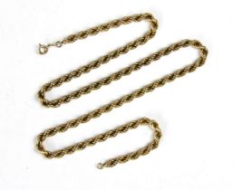 A yellow metal chain, the rope twist chain stamped ‘MT 9K’ with bolt ring fastening, 53cm long,