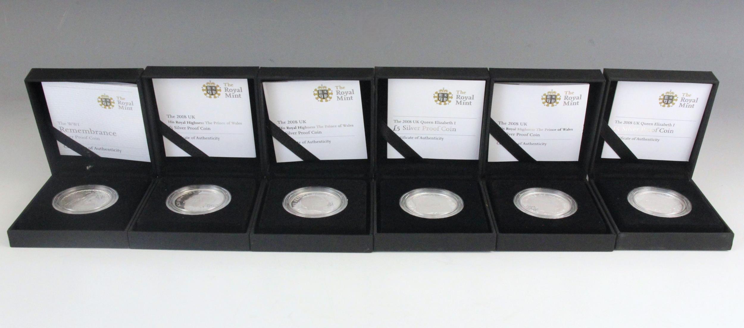 Elizabeth II (1952-2022), Eleven Commemorative £5 Silver Proof coins, 2008, encapsulated, cased with