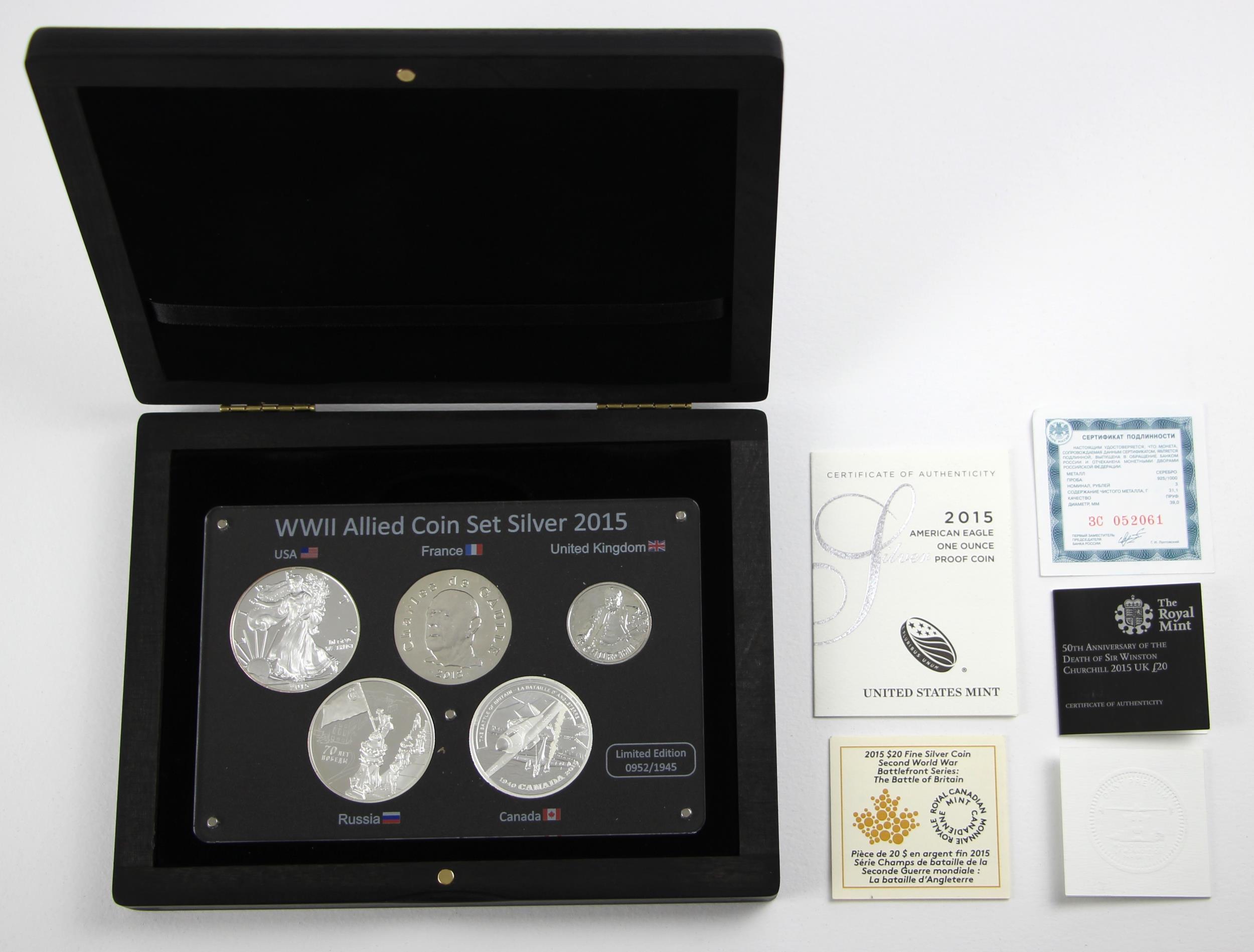 The WWII Allied silver Coin Set, 2015, Edition 952/1945, comprising: American Eagle 1oz, CAD $20, £ - Image 3 of 3