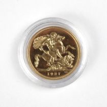 George VI (1936-1952) Full Sovereign, 1937, proof, London Mint, St George reverse, encapsulated,