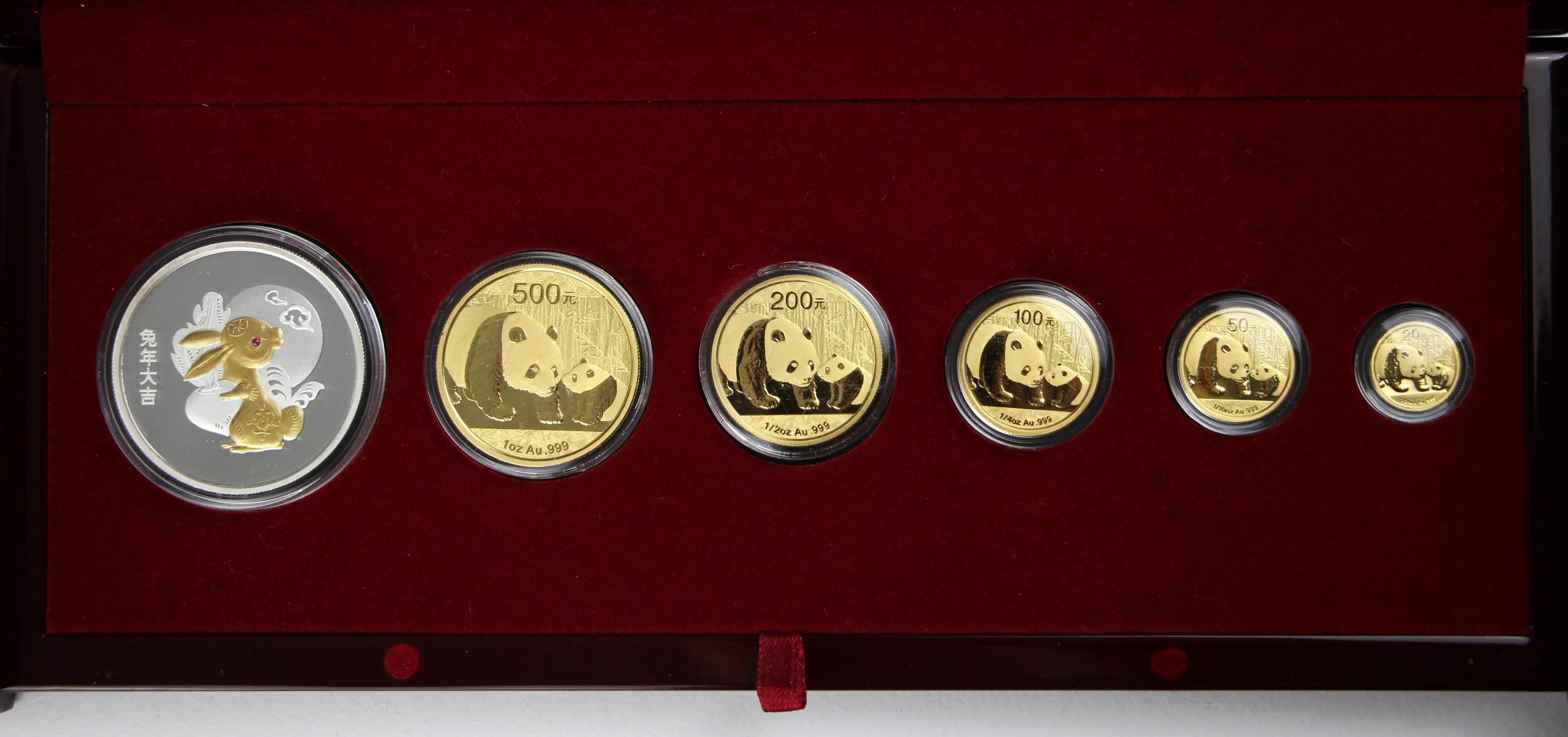 China, China Panda Gold and Lunar Premium set, 2011, comprising: 500 Yuan, 200 Yuan, 100 Yuan, 50