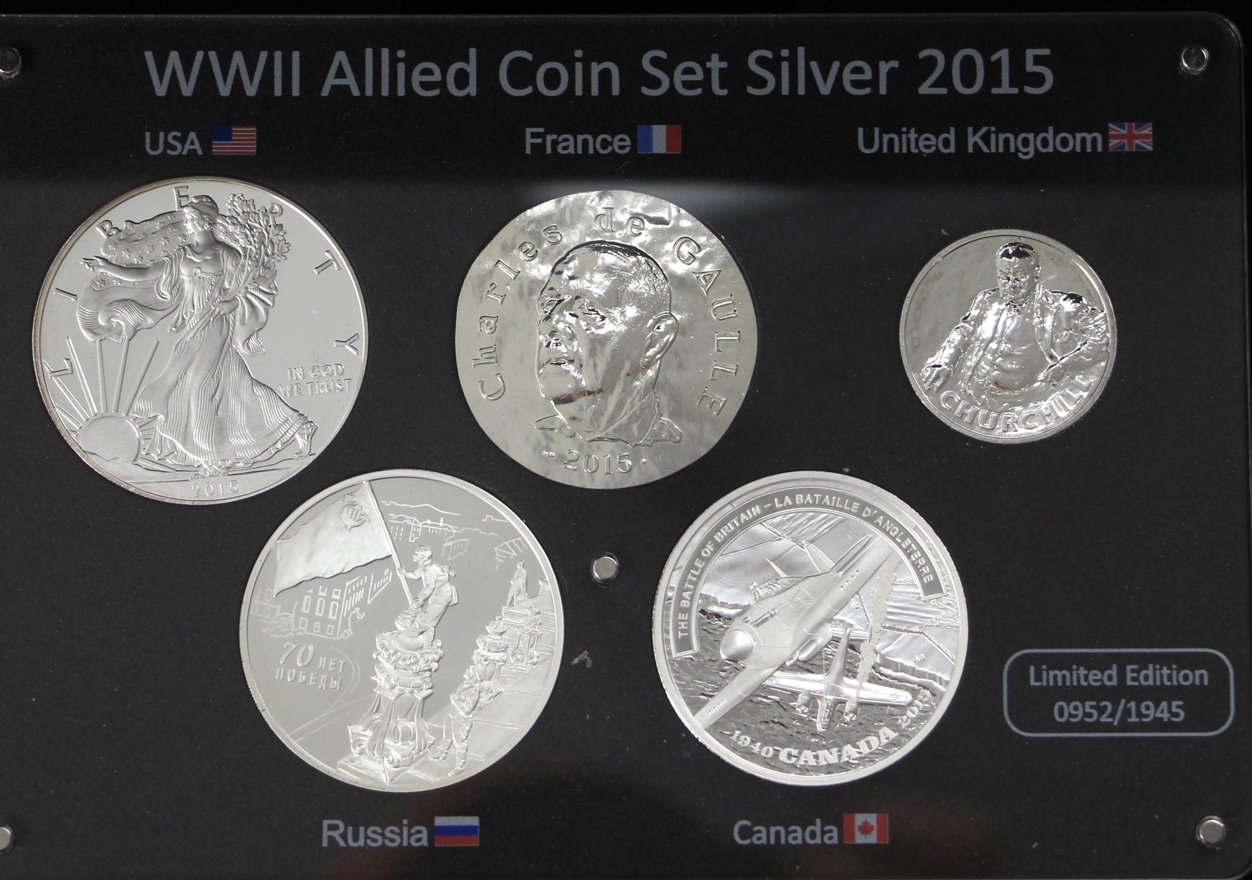 The WWII Allied silver Coin Set, 2015, Edition 952/1945, comprising: American Eagle 1oz, CAD $20, £
