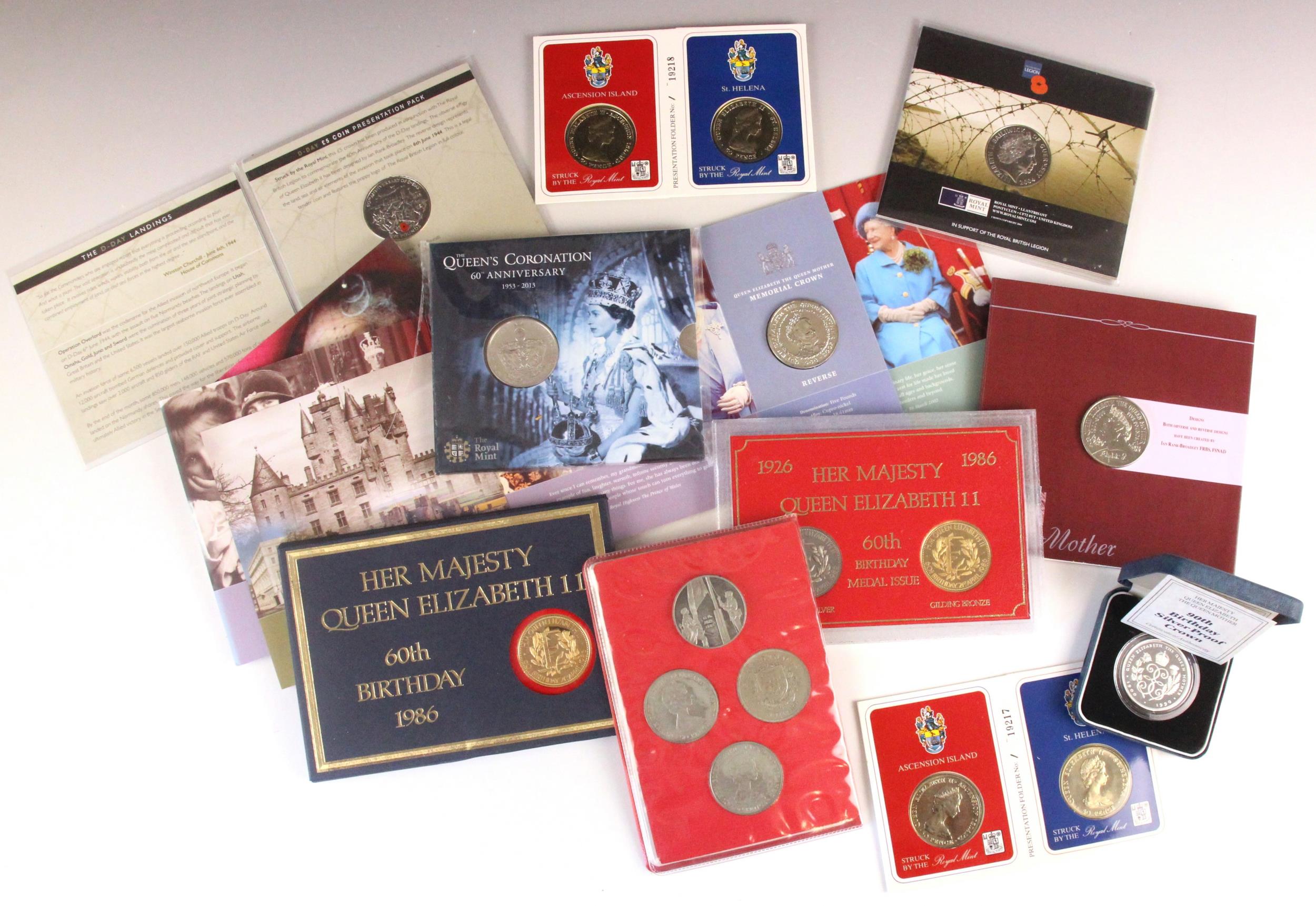 A collection of British commemorative coins, including two 90th Birthday silver proof crowns, 1994