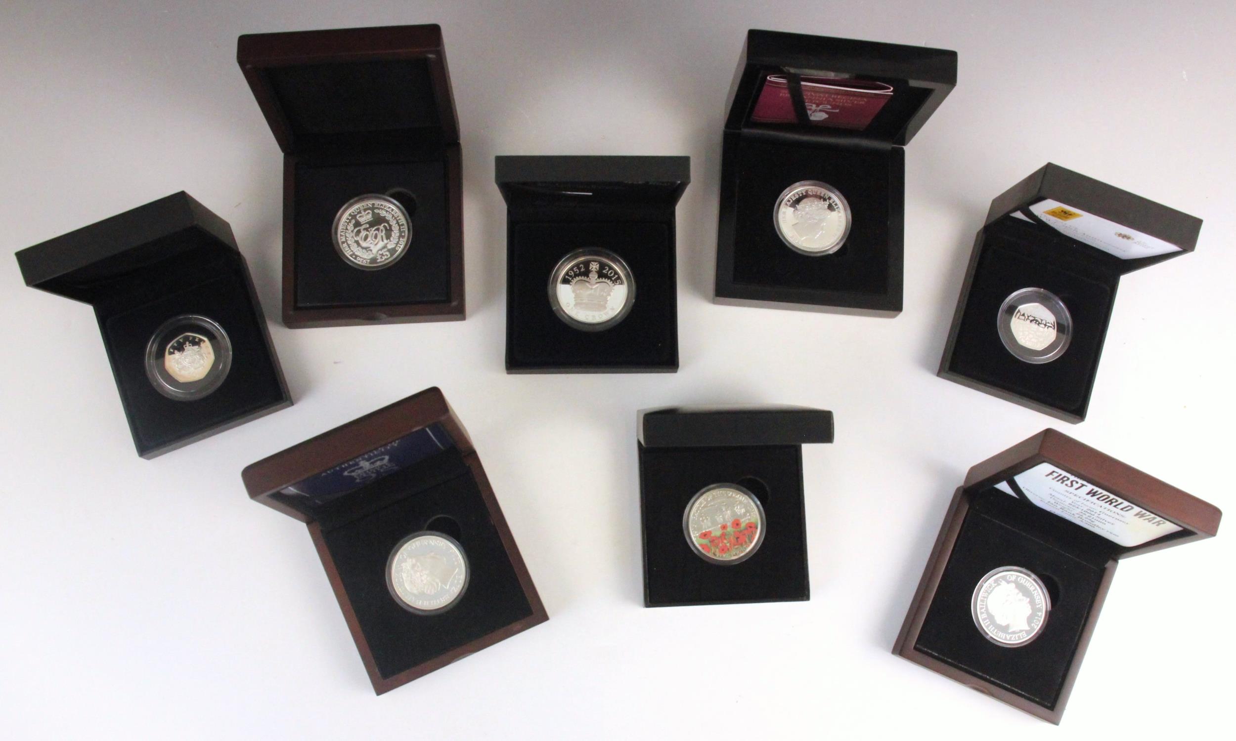 Elizabeth II (1952-2022), Six Commemorative £5 Silver Proof Coins, various dates, encapsulated,