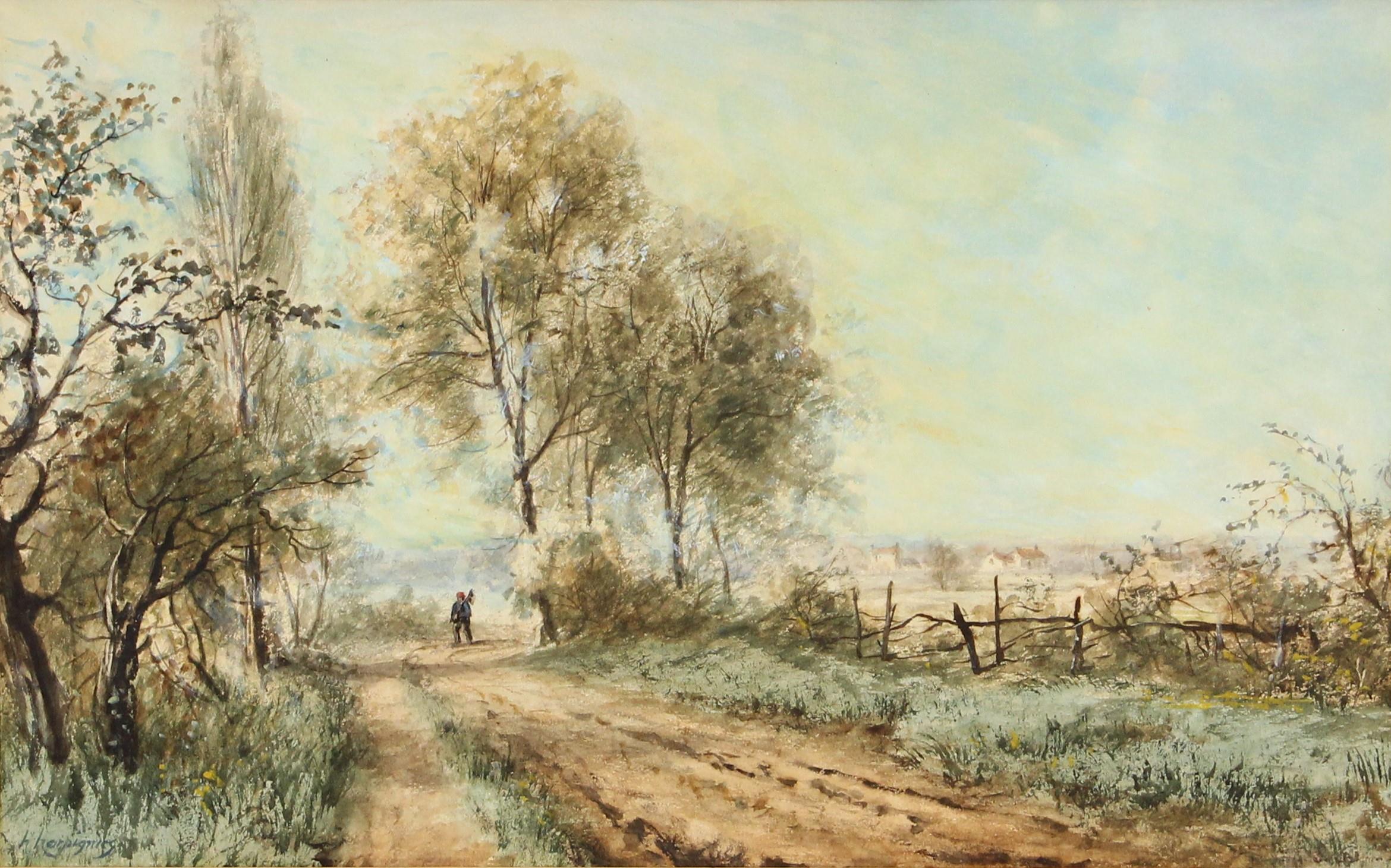 Henri-Joseph Harpignies (French, 1819-1916), A figure on a country lane, Watercolour on paper, - Image 2 of 3