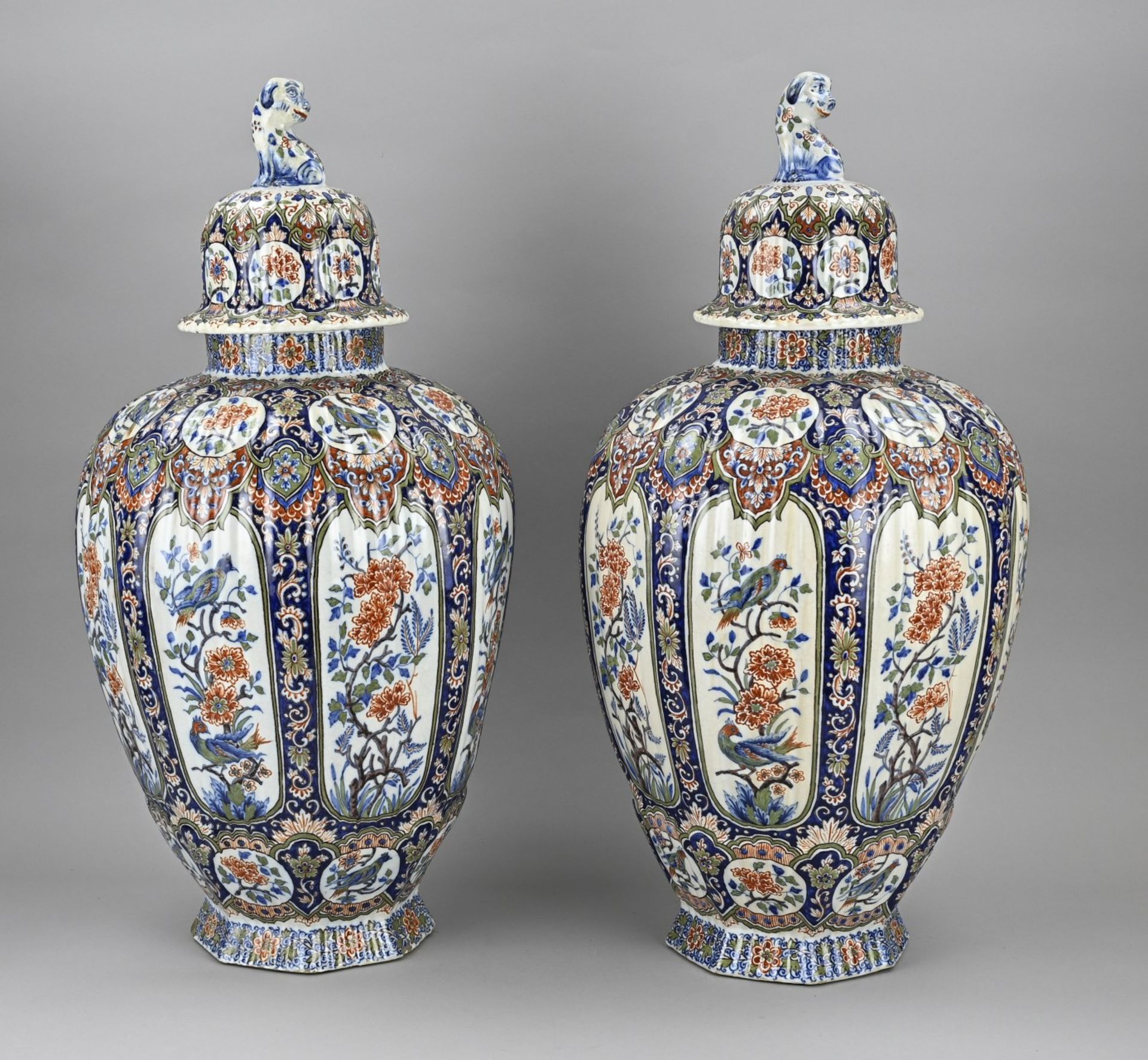 2x Large Delft lidded vase, H 63 cm.