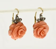 Gold earrings with red coral and diamonds