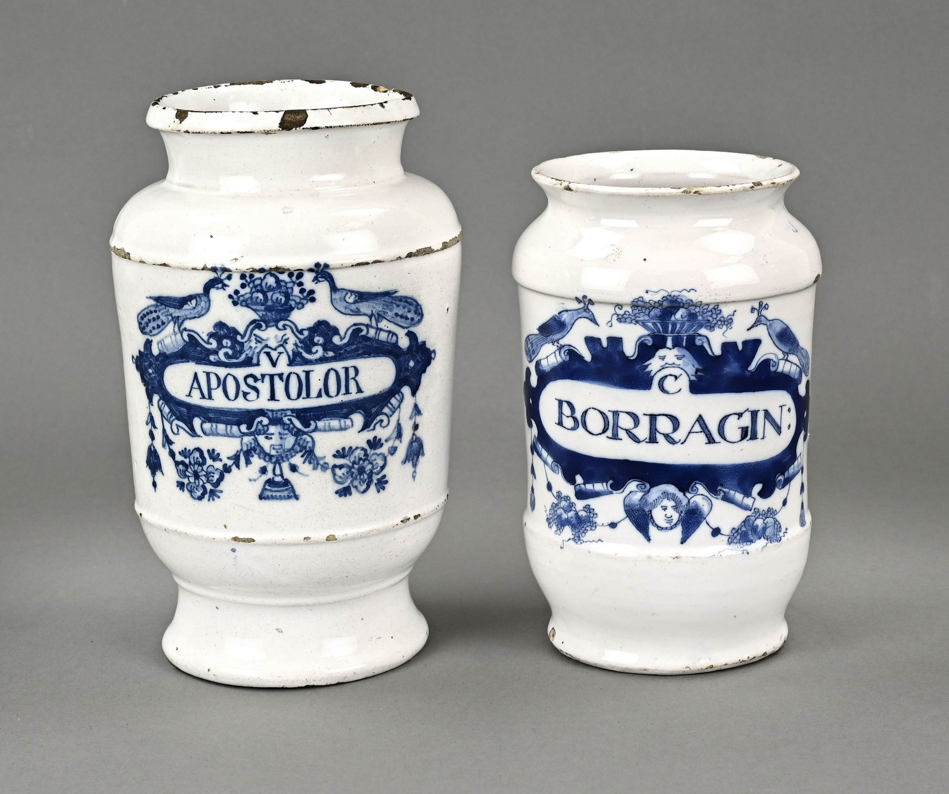 Two Delft apothecary jars