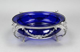 Silver jardiniere with blue glass