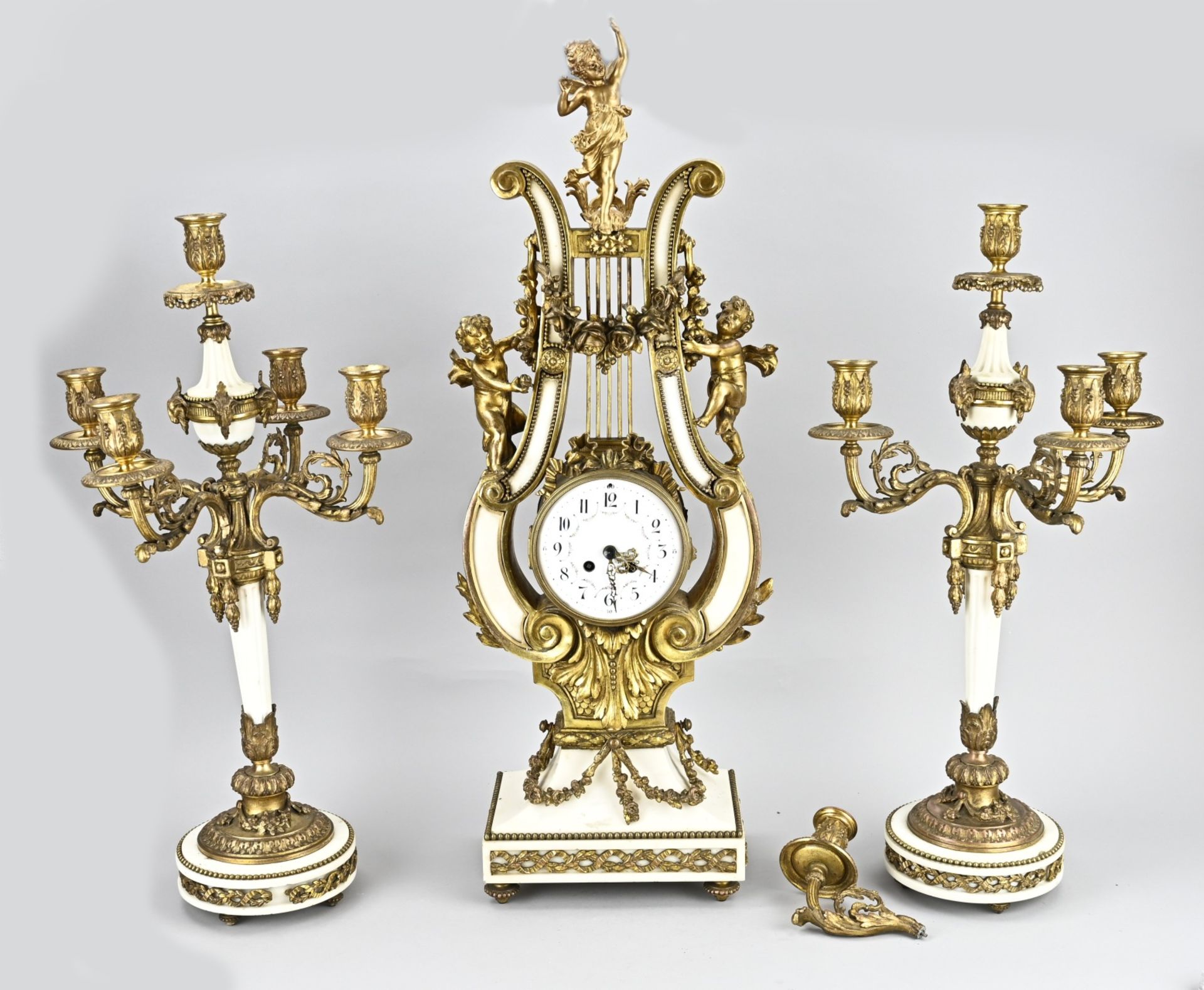 Rare Lyra mantel clock set, 1870