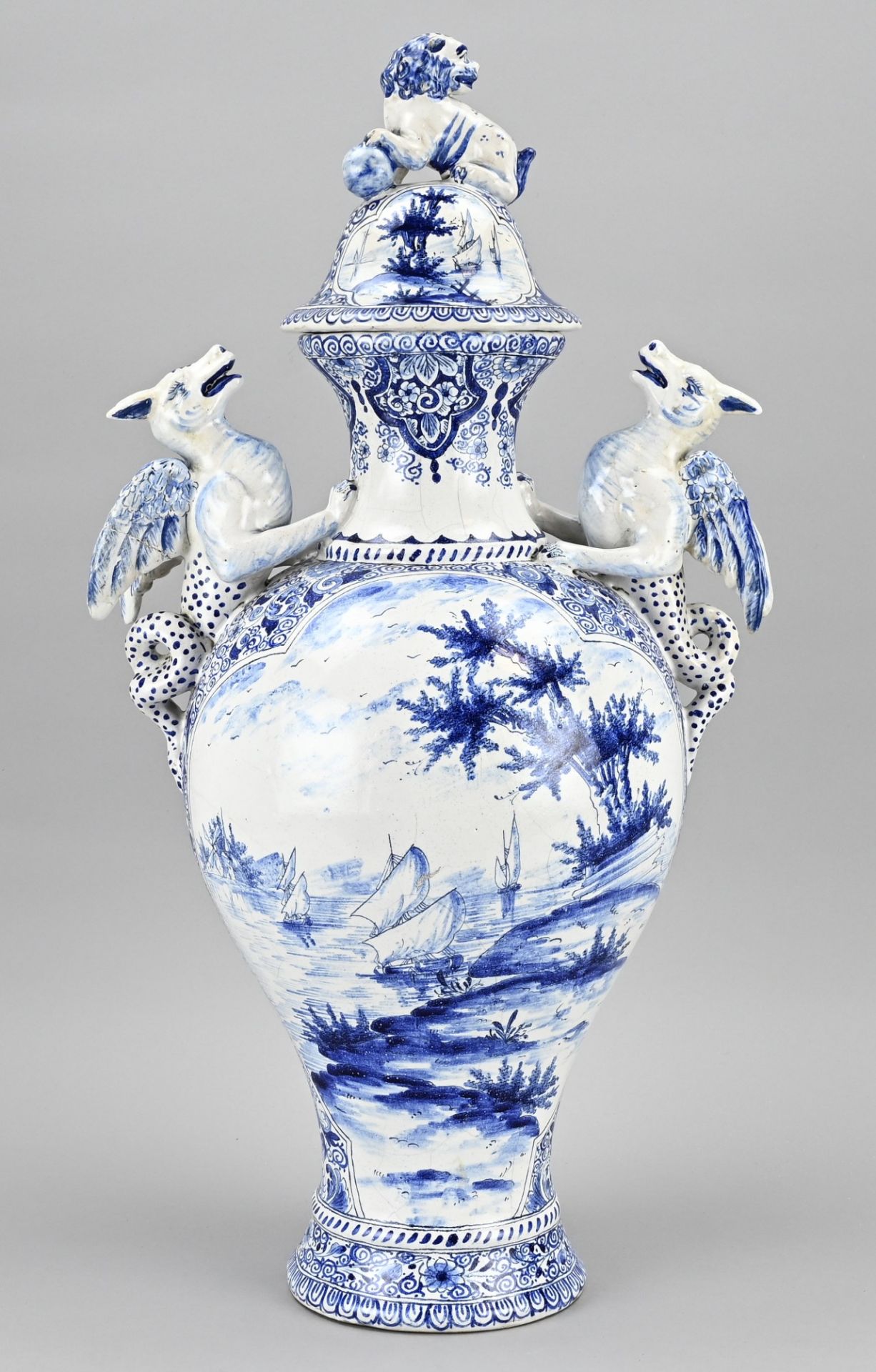 Antique Fayence lidded vase, H 56.5 cm. - Image 2 of 3