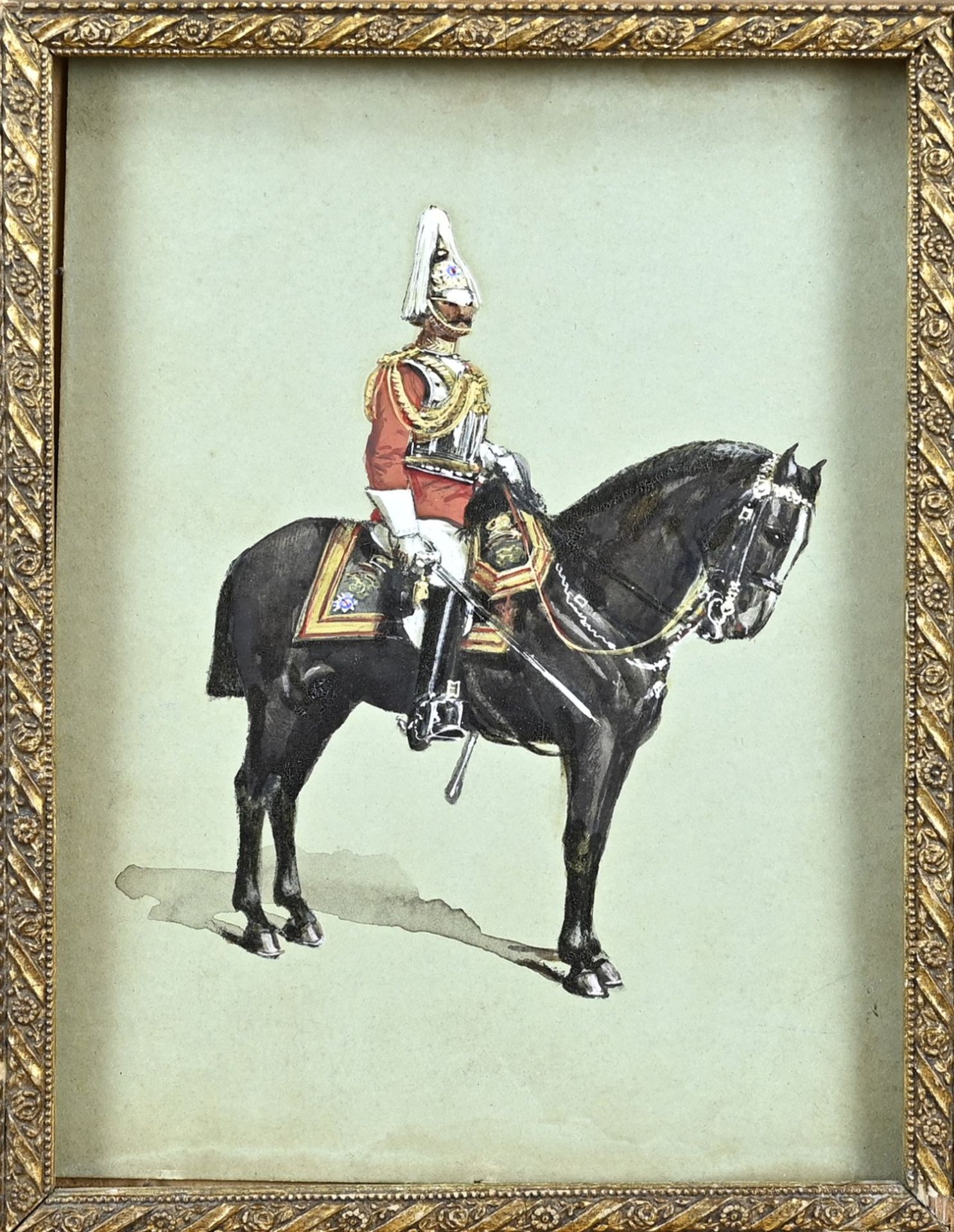 Antique gouache, English guardsman in parade uniform
