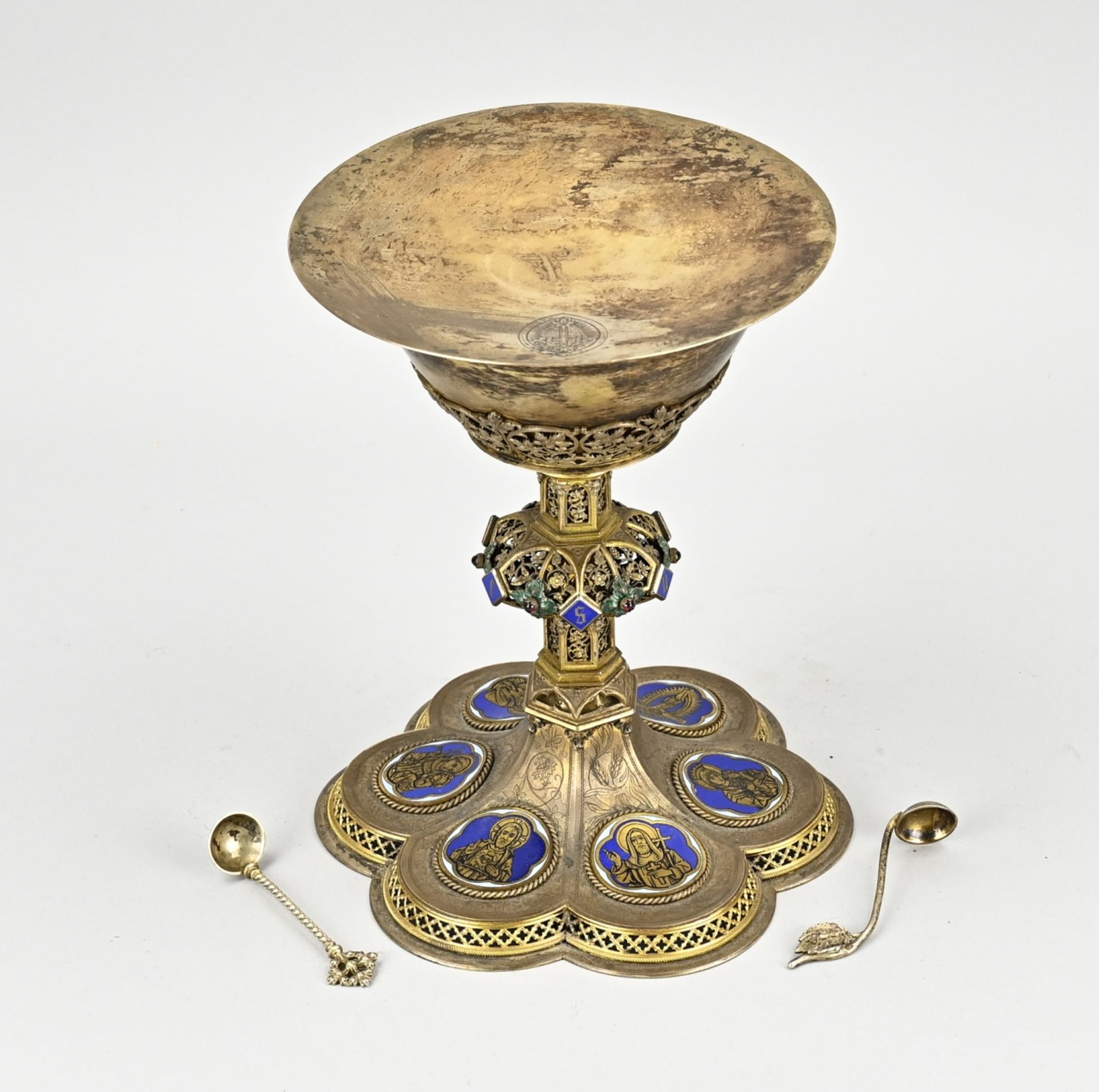 Silver plated chalice with paten and spoons