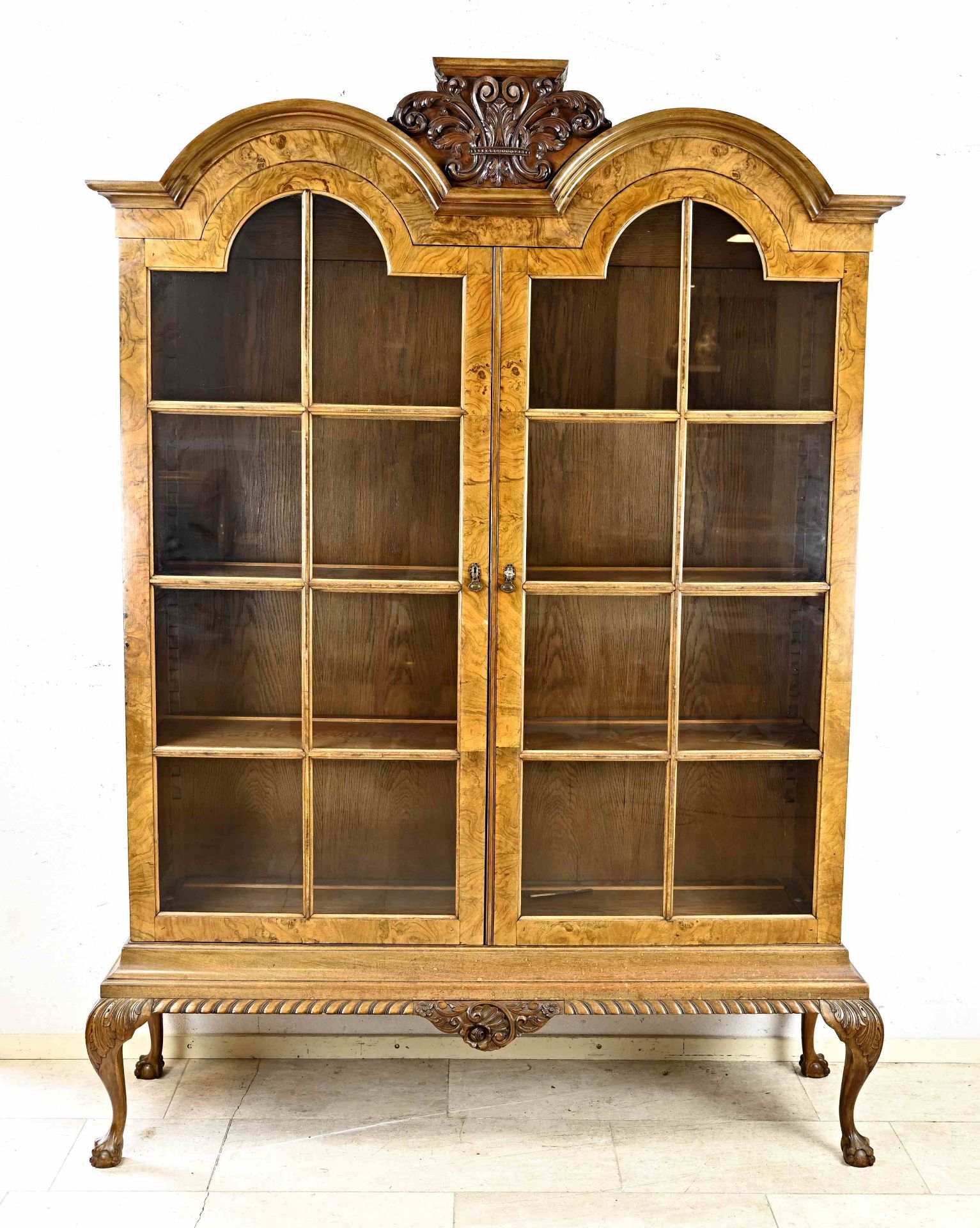 Burr walnut display cabinet, 1900