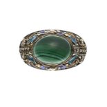 Chinese silver brooch with malachite and enamel