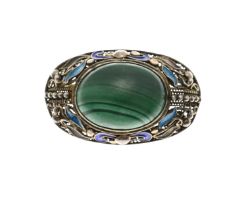 Chinese silver brooch with malachite and enamel