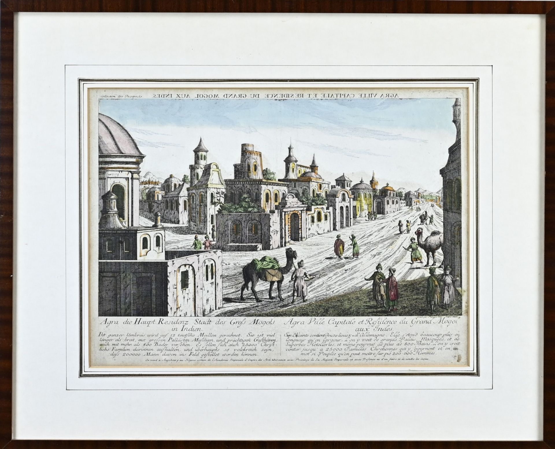 Antique engraving, City of Agra with figures