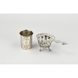 Silver tea strainer, drip tray and cup