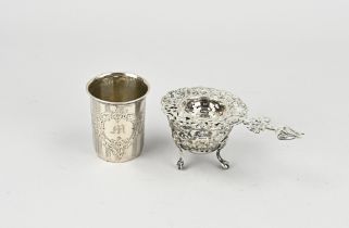 Silver tea strainer, drip tray and cup