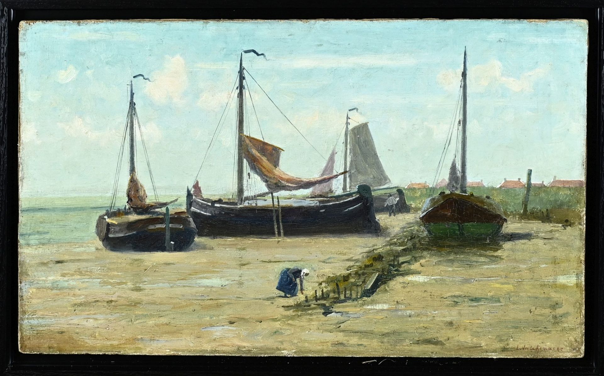 L. Valckenaere, Beach view with flat-bottomed boats