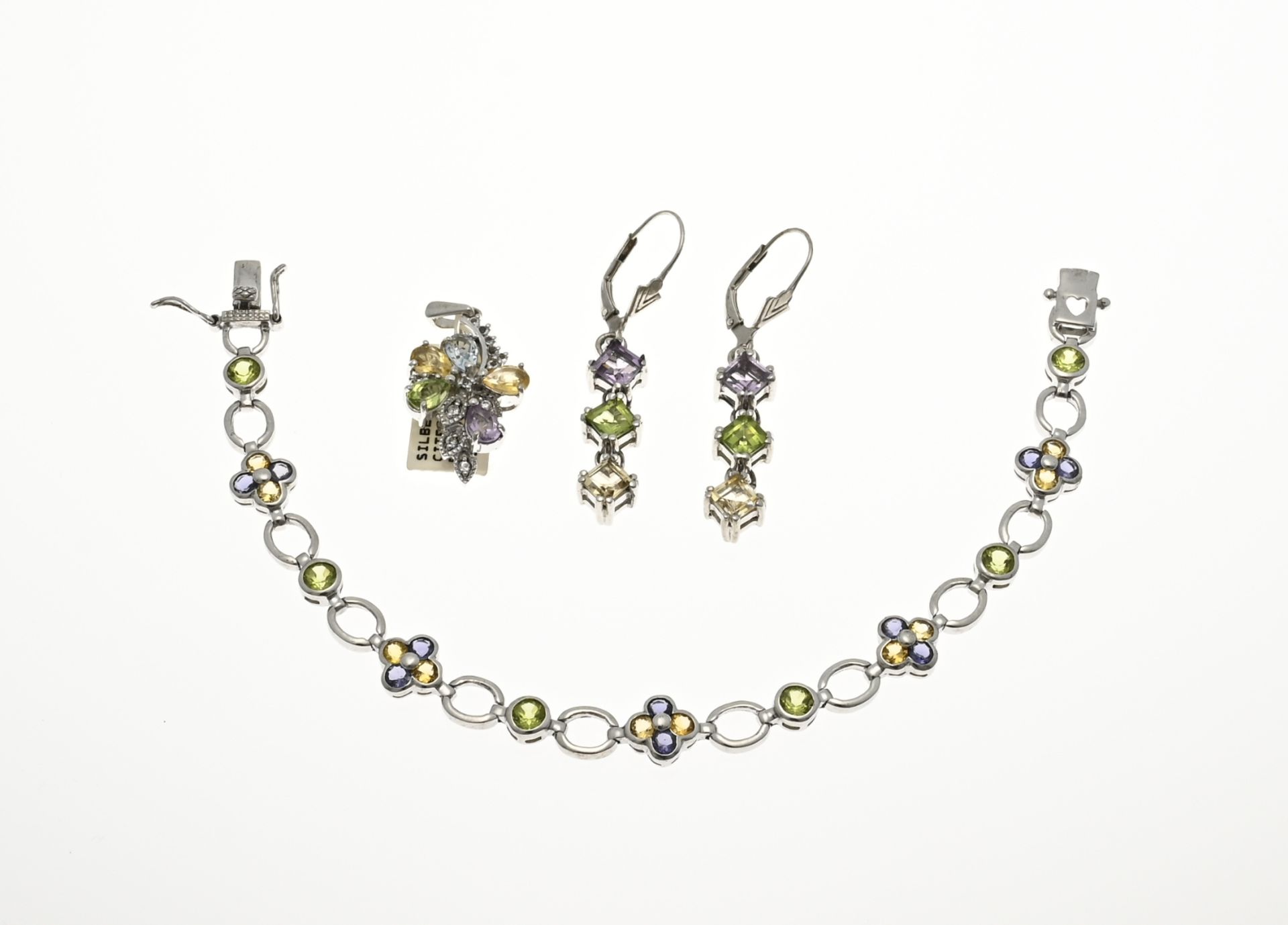 Set of silver jewelry with colored stones