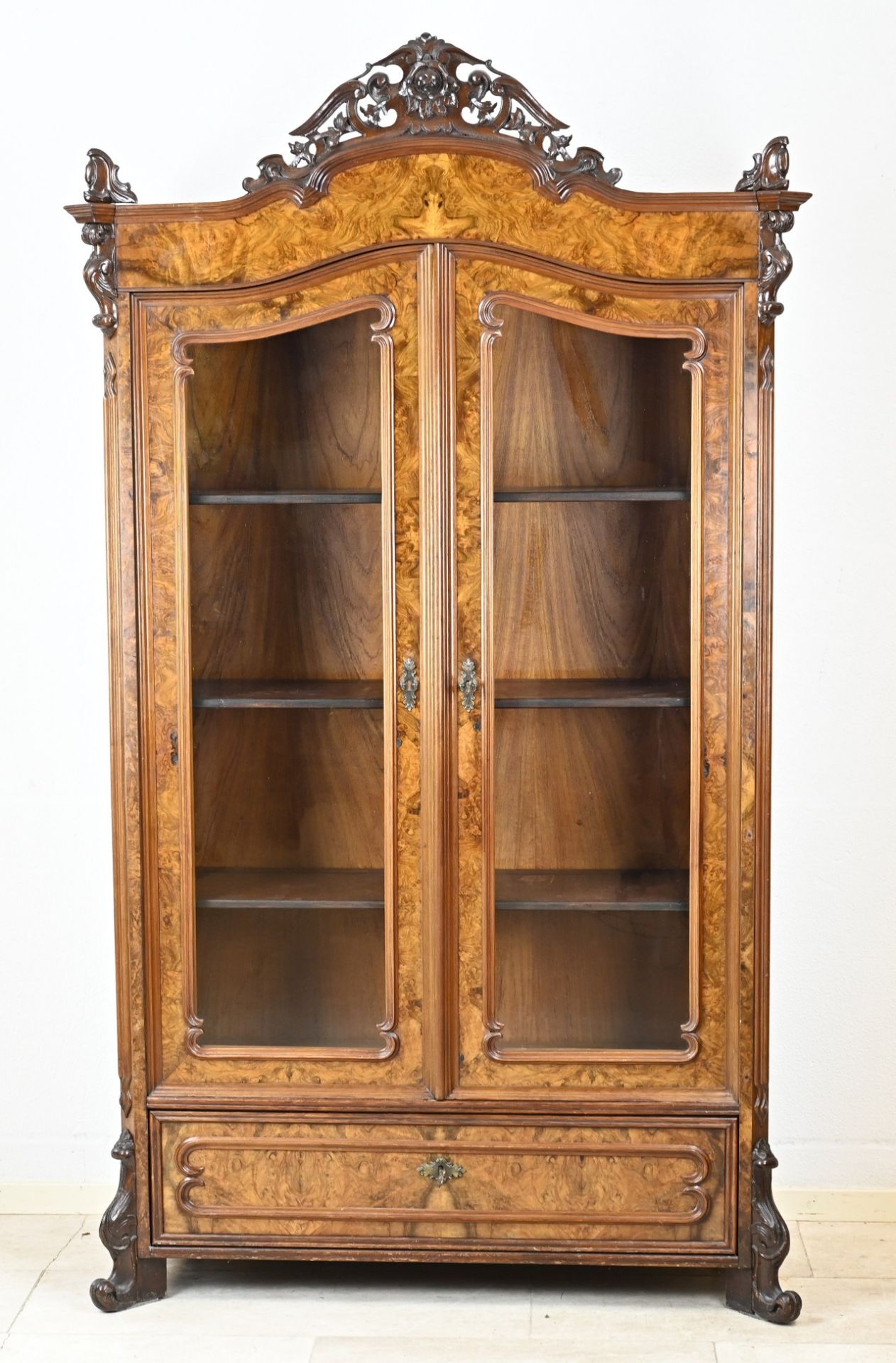 Burr walnut display cabinet, 1860