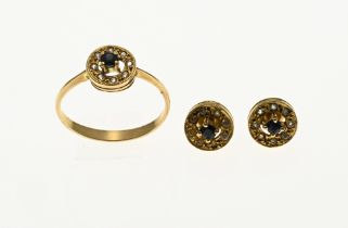 Gold ring & stud earrings with diamond and sapphire