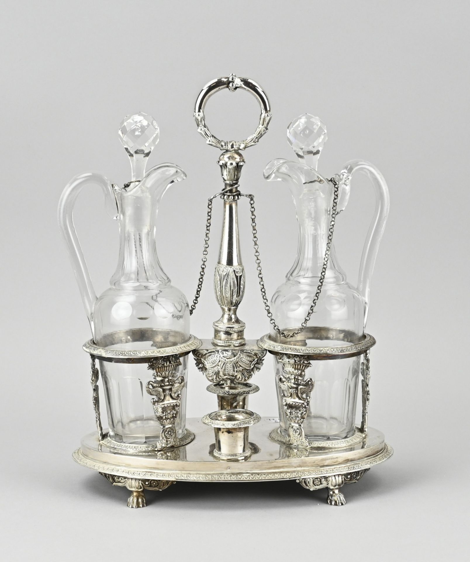 Table set with 2 decanters in silver holder