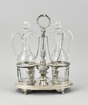 Table set with 2 decanters in silver holder