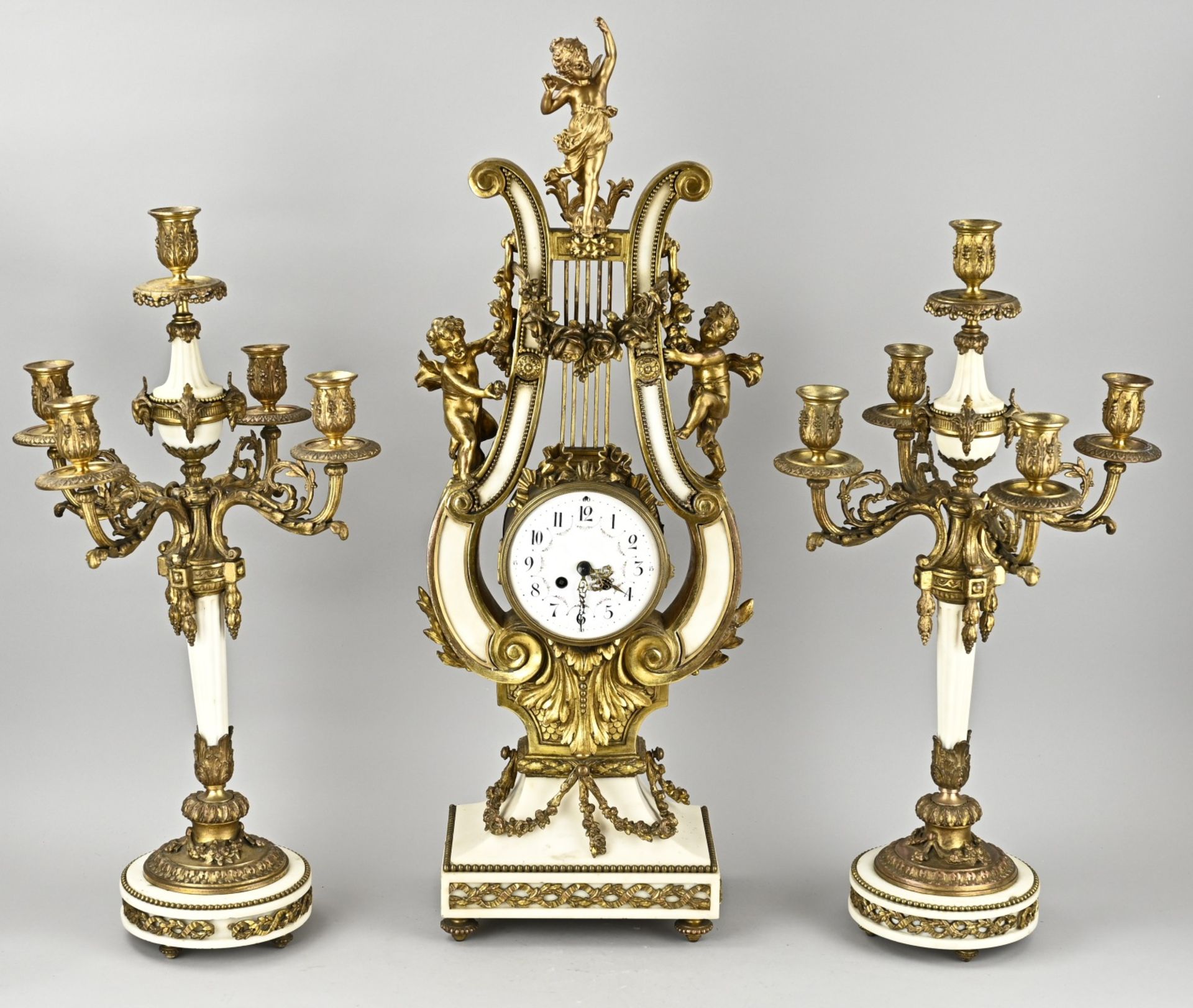 Rare Lyra mantel clock set, 1870