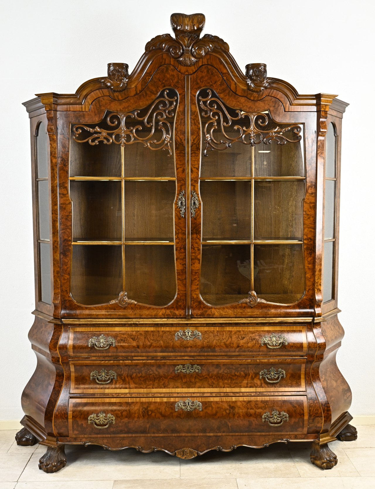 Burr walnut display cabinet